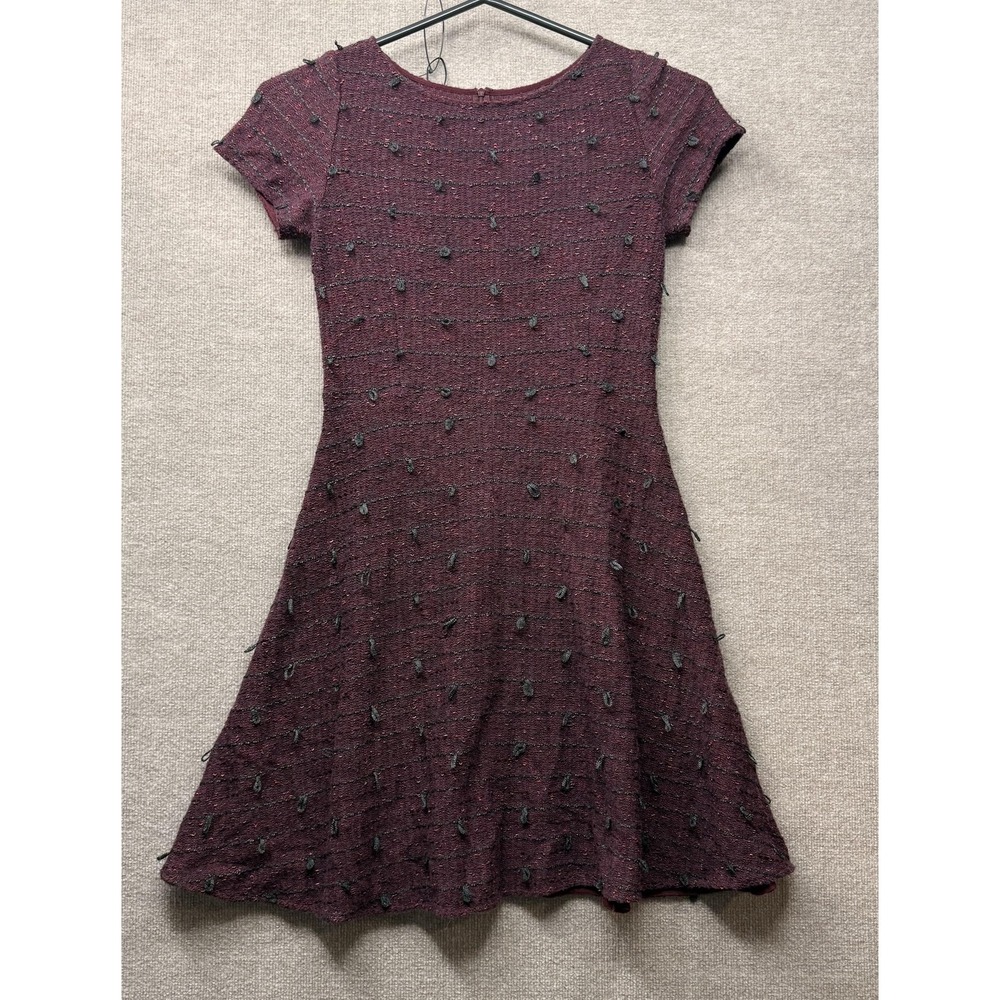 St John Burgundy Wool Blend Eyelash Textured Fit Flare Short Sleeve Dress Maroon